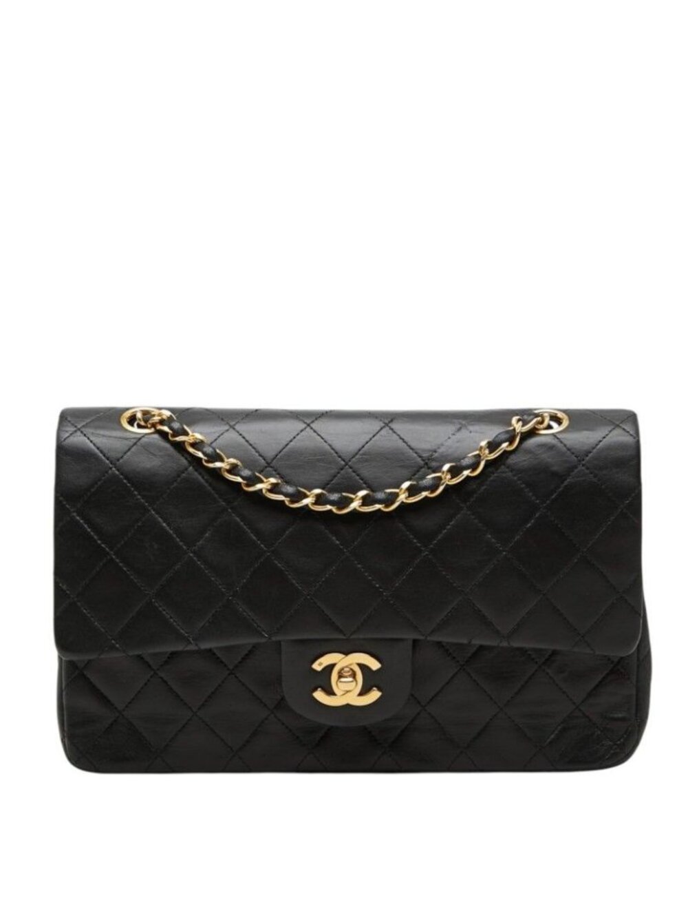 Chanel CC Logo Quilted Double Flap Chain Shoulder Bag Black Gold Lambskin